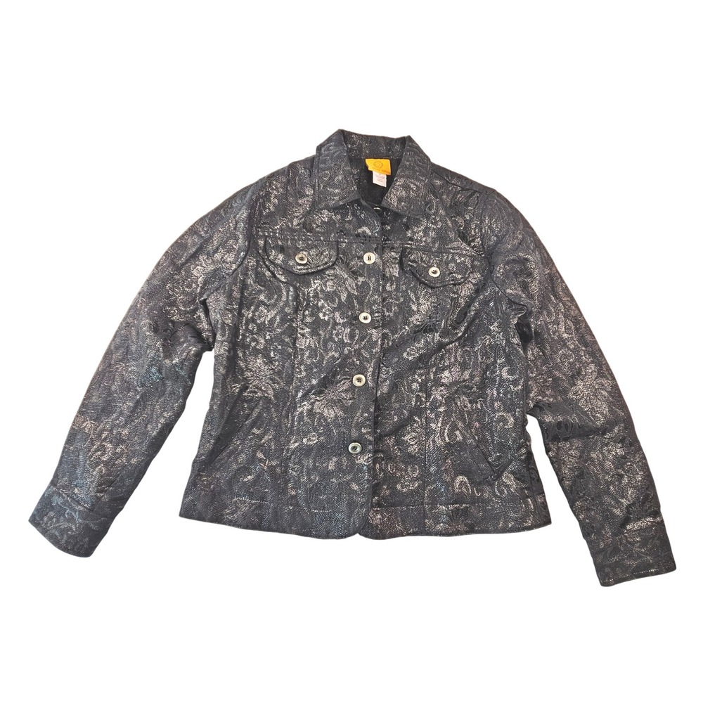 Ruby Rd Womens Size 12 Metallic Silver Floral Brocade Button Front Jacket Black